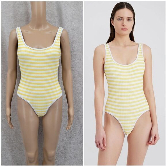 Solid & Striped Anne-Marie Ribbed One Piece Lemon Stripe Women's Small NEW - Picture 1 of 11